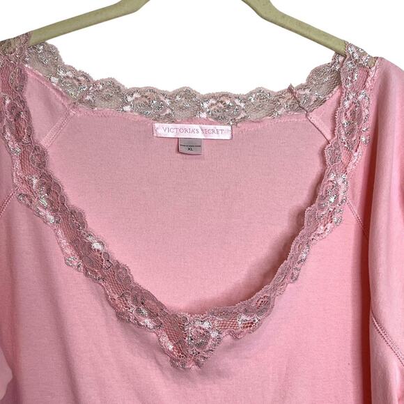 Victorias Secret Nightgown XL Pink Long Sleeve Lace Trim Cotton Blend - Picture 2 of 6